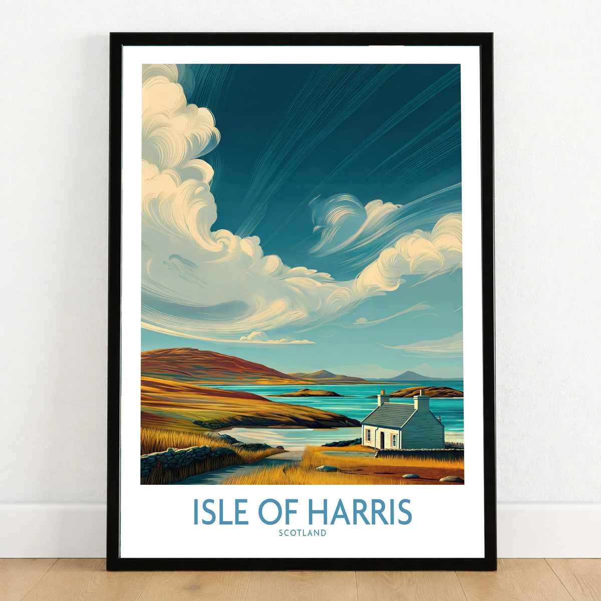 Isle of Harris Poster Scotland Dramatic Sky Seascape - Scottish Island Travel Decor in a black wooden frame leaning against a white wall on a light wooden floor