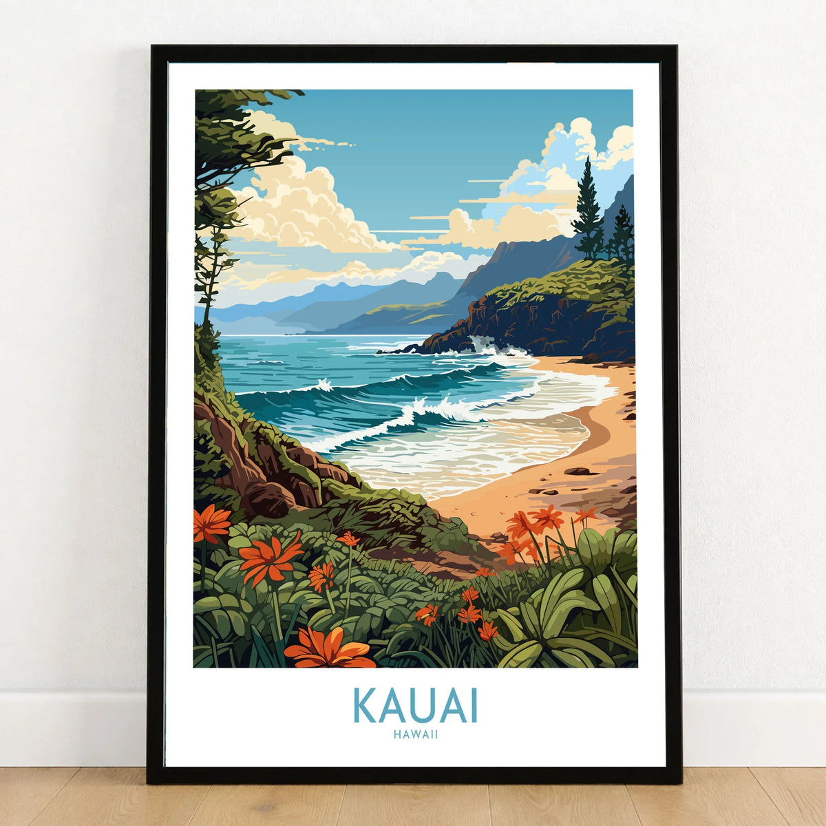 Kauai Travel Poster in a black wooden frame leaning against a white wall on a light wooden floor