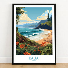 Kauai Travel Poster in a black wooden frame leaning against a white wall on a light wooden floor