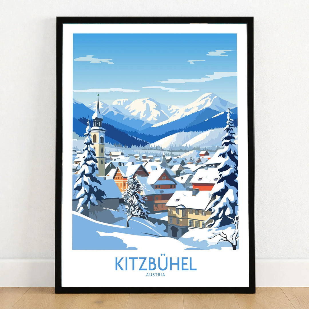 Kitzbuhel Austria Art Print in a black wooden frame leaning against a white wall on a light wooden floor