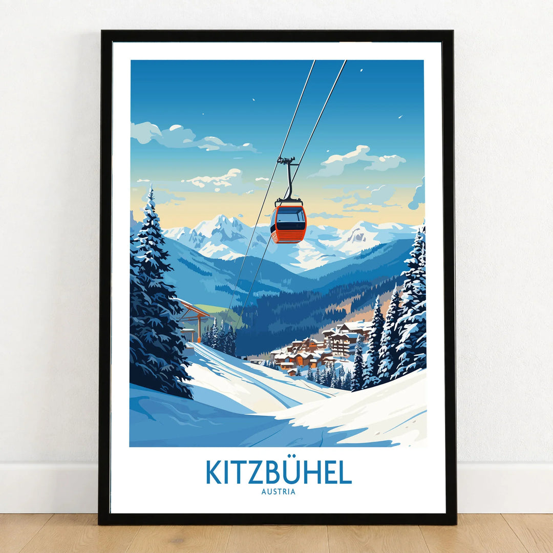 Kitzbuhel Wall Art Print in a black wooden frame leaning against a white wall on a light wooden floor