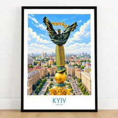 Kyiv Ukraine Maidan Square Wall Art — the Independence Monument rising above Maidan Nezalezhnosti and the Kyiv skyline, shown as art print in black frame on wooden floor
