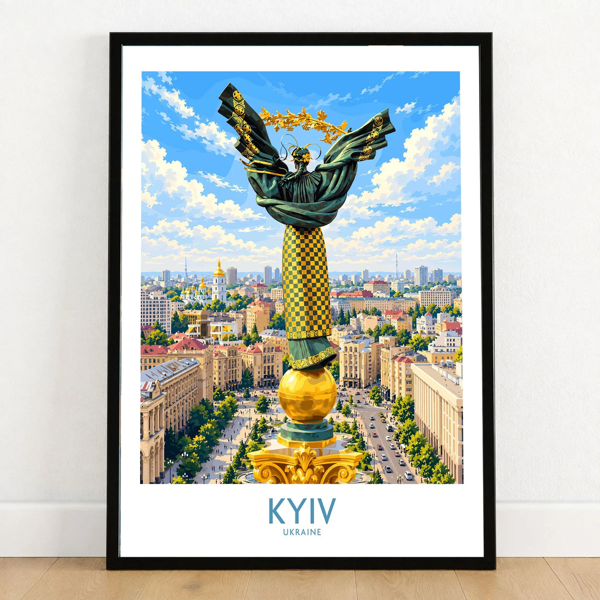 Kyiv Ukraine Maidan Square Wall Art — the Independence Monument rising above Maidan Nezalezhnosti and the Kyiv skyline, shown as art print in black frame on wooden floor