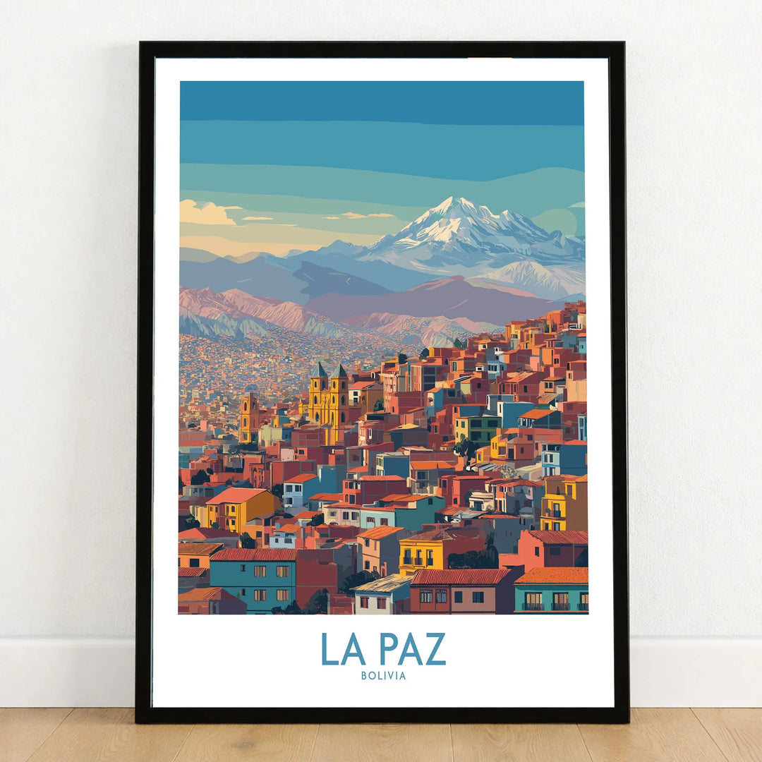 La Paz Bolivia Urban Landscape Wall Art - South American City Print in a black wooden frame leaning against a white wall on a light wooden floor