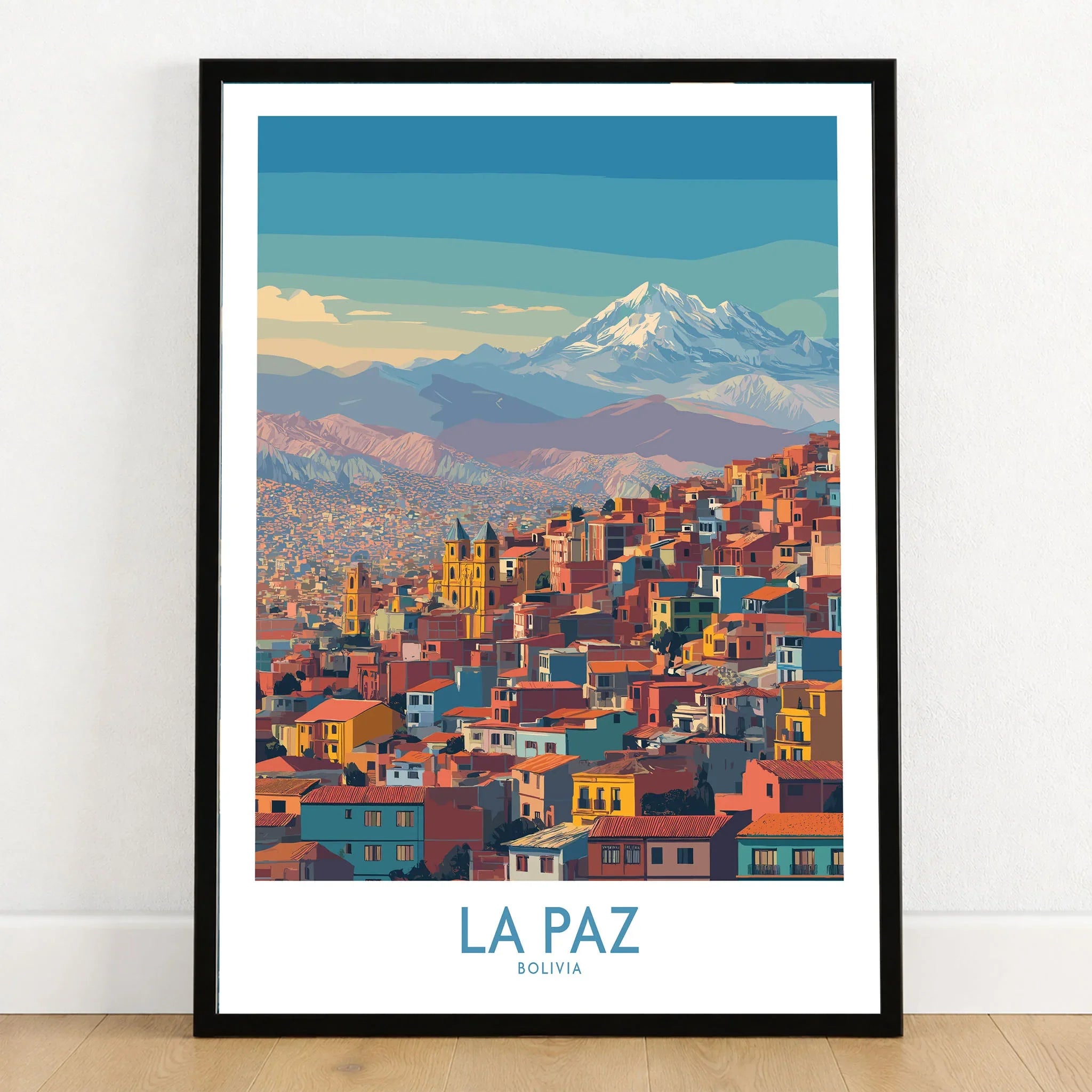 La Paz Bolivia Urban Landscape Wall Art - South American City Print in a black wooden frame leaning against a white wall on a light wooden floor