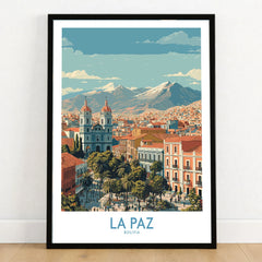 La Paz Bolivia Wall Art Poster - Bolivian Capital Travel Decor in a black wooden frame leaning against a white wall on a light wooden floor