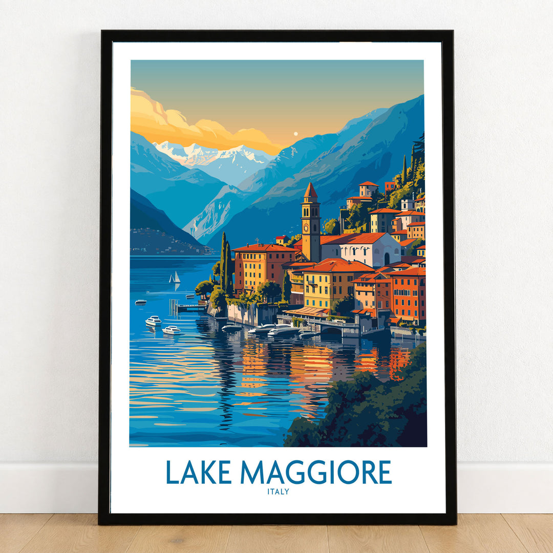 Lake Maggiore Italy Poster in a black wooden frame leaning against a white wall on a light wooden floor