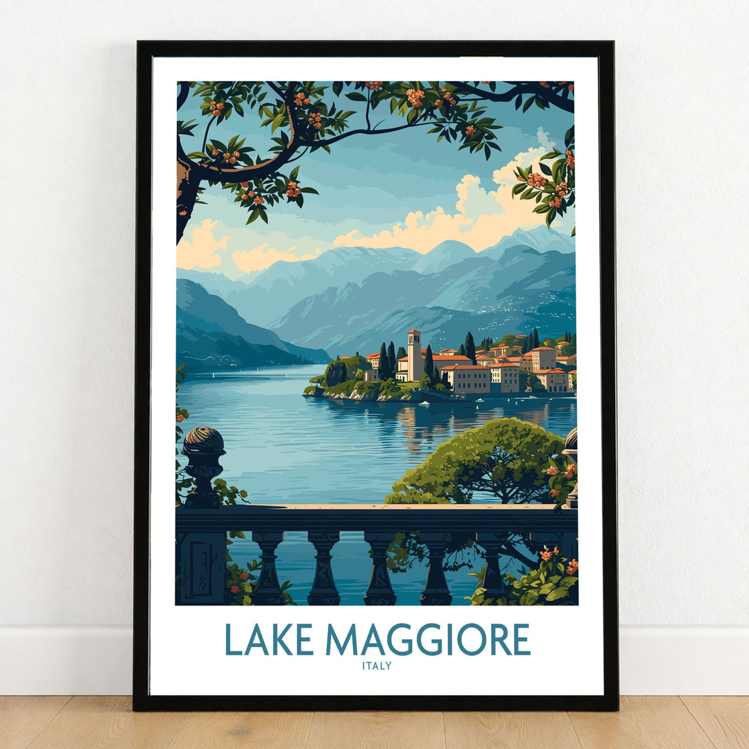 Lake Maggiore Poster Italy in a black wooden frame leaning against a white wall on a light wooden floor