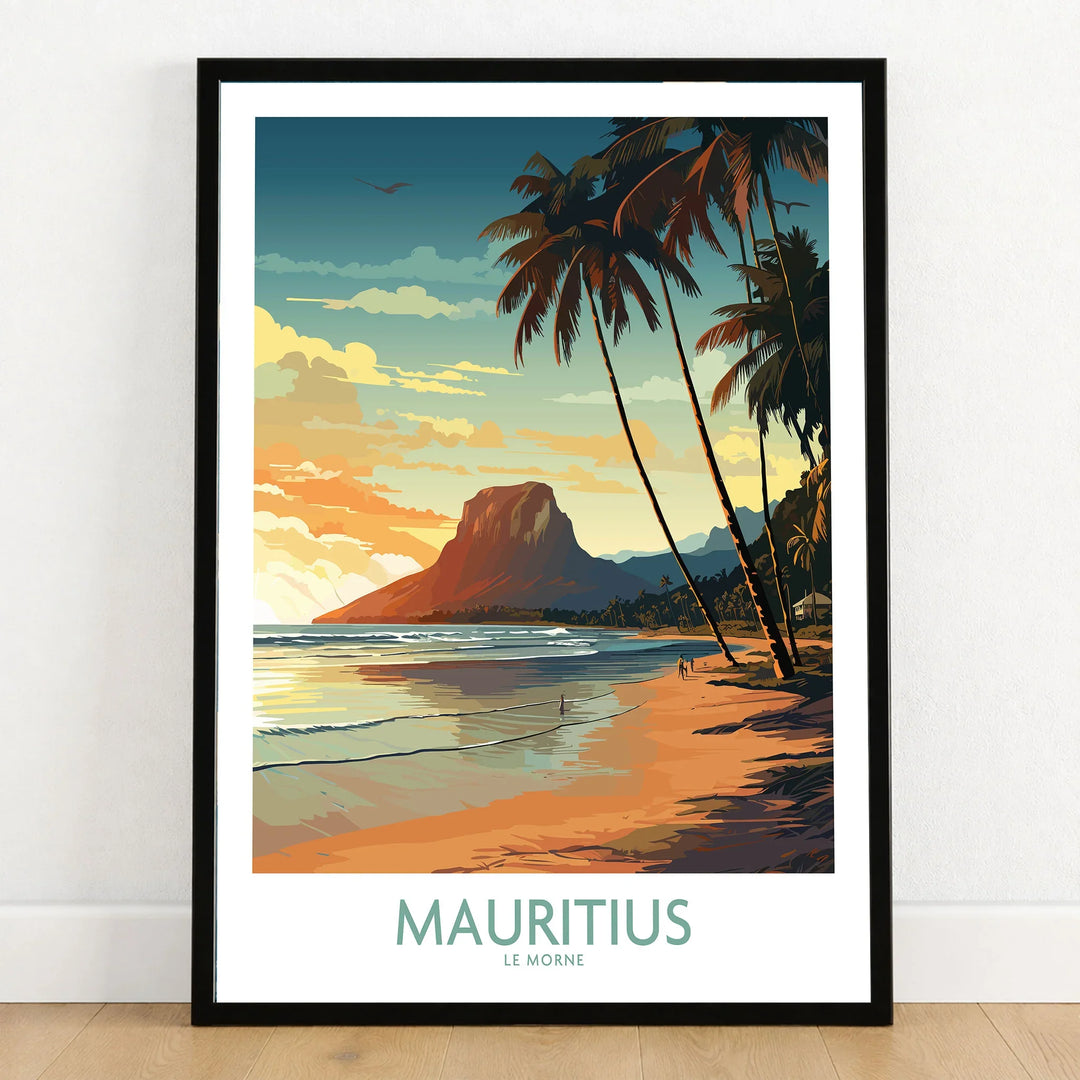 Mauritius Le Morne Print in a black wooden frame leaning against a white wall on a light wooden floor