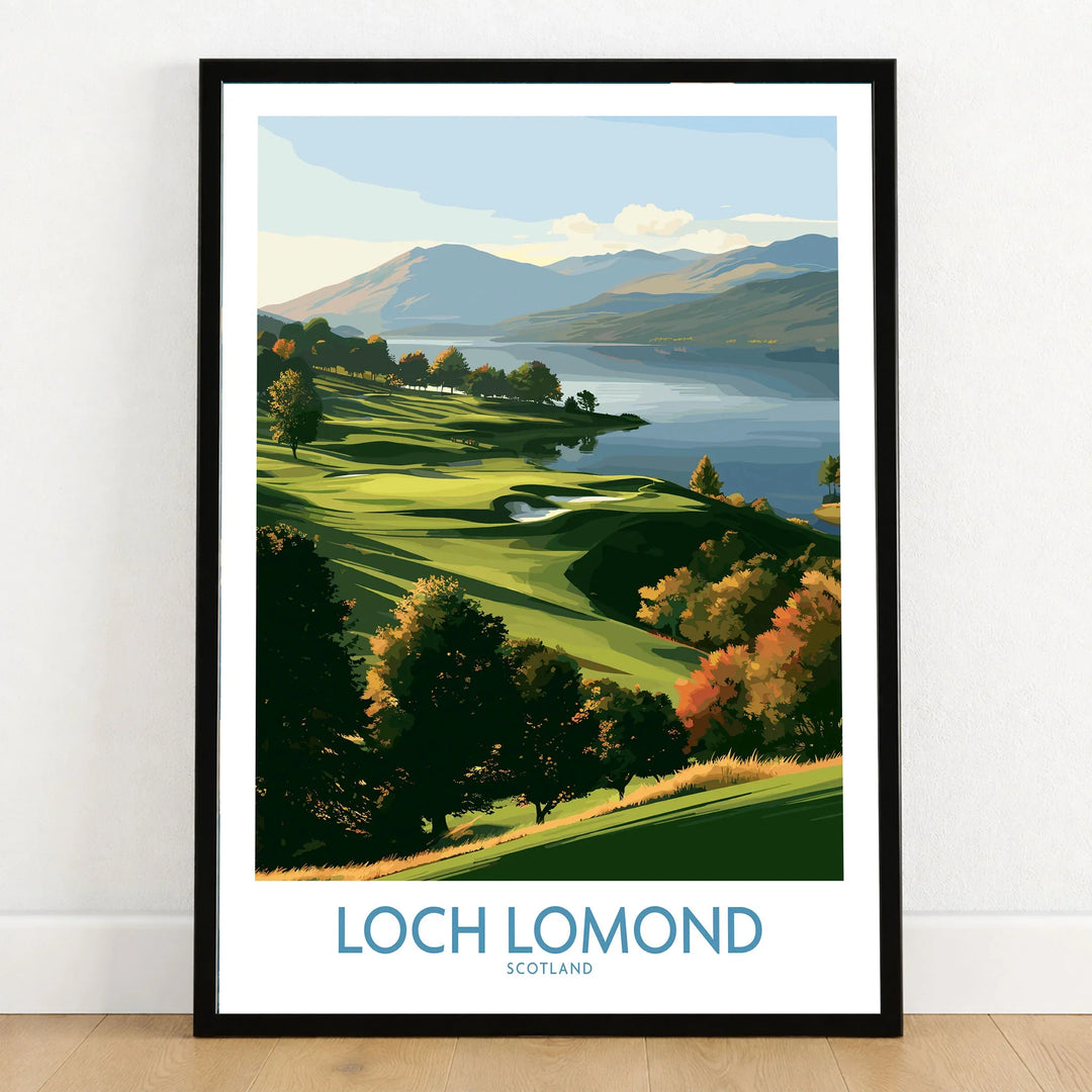 Loch Lomond Scotland Highland View Wall Art — autumn slopes rolling down to Loch Lomond with Highland hills beyond, shown as art print in black frame on wooden floor