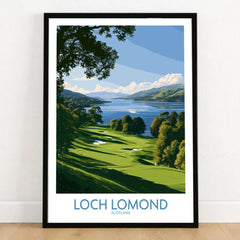 Loch Lomond Scotland Lochside Meadow Wall Art — a sunlit grassy shoreline running down to Loch Lomond under old oaks, shown as art print in black frame on wooden floor