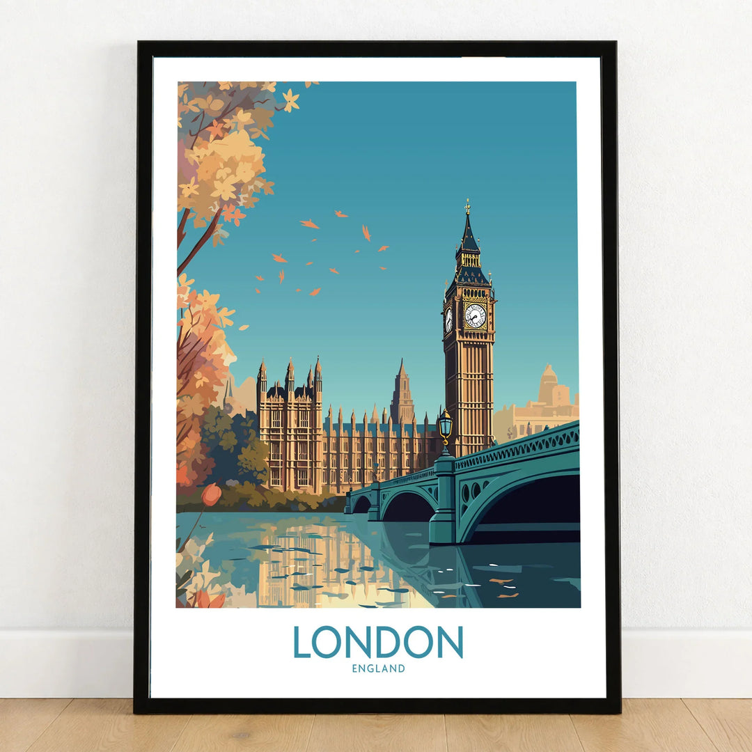 London Big Ben Wall Art | Modern Style in a black wooden frame leaning against a white wall on a light wooden floor
