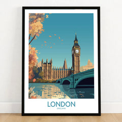 London Big Ben Wall Art | Modern Style in a black wooden frame leaning against a white wall on a light wooden floor