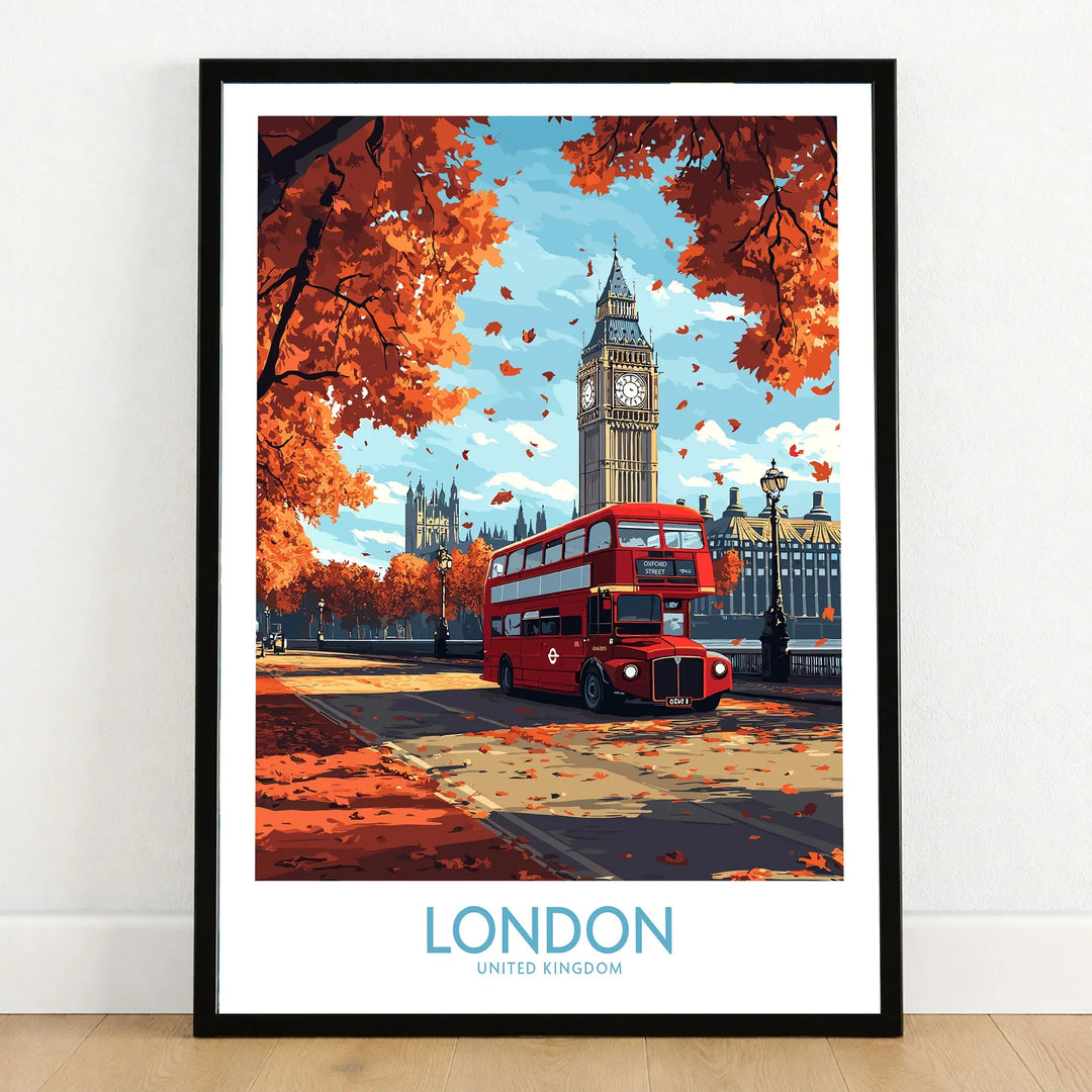 London Travel Poster in a black wooden frame leaning against a white wall on a light wooden floor