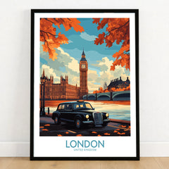 London Wall Art Print - Modern in a black wooden frame leaning against a white wall on a light wooden floor