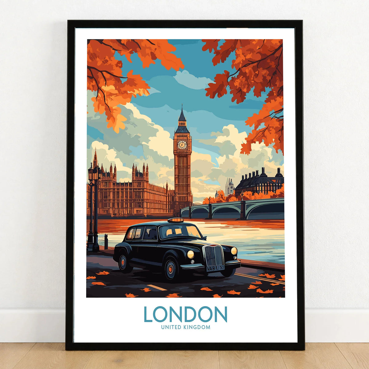 London Wall Art Print - Modern in a black wooden frame leaning against a white wall on a light wooden floor
