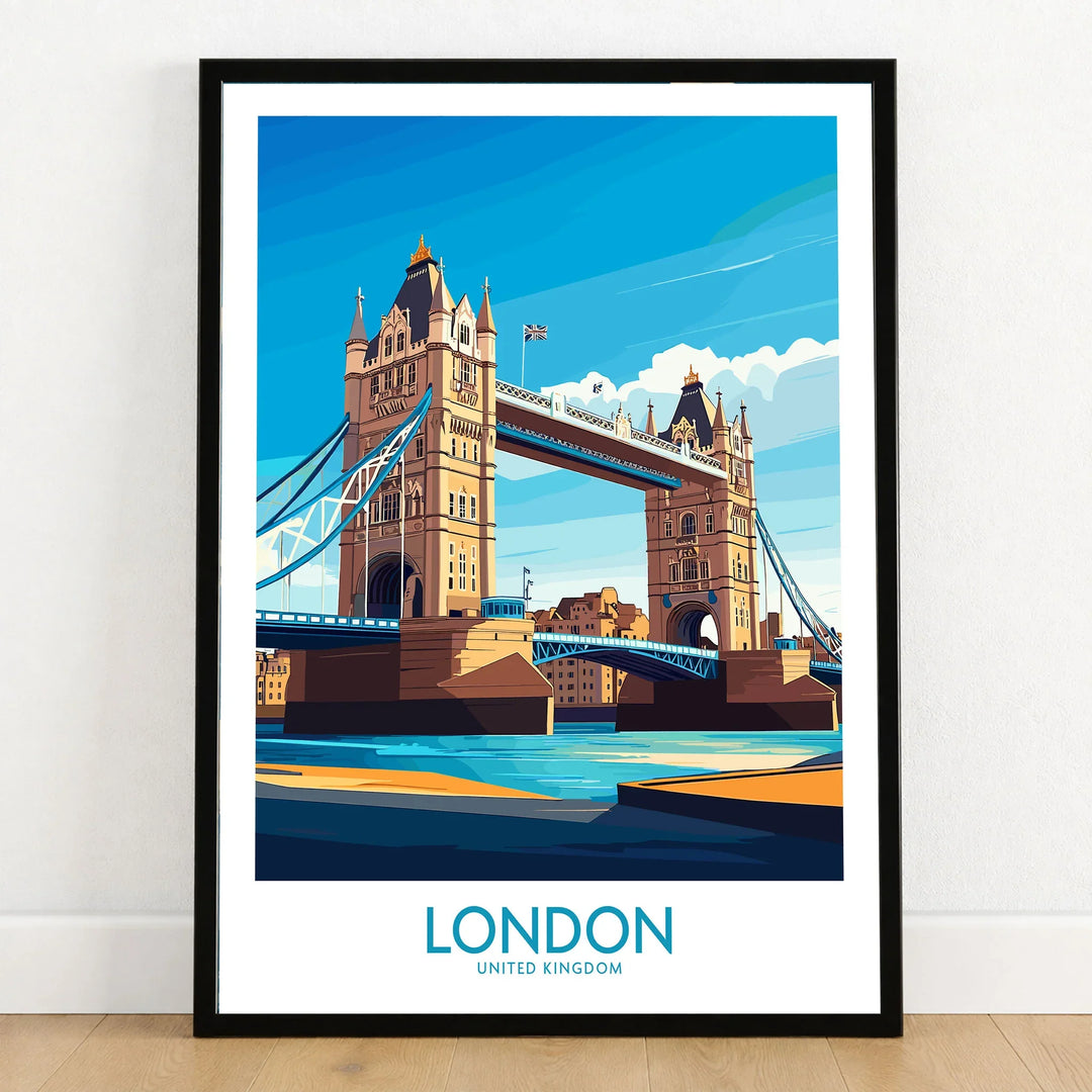 London Poster England in a black wooden frame leaning against a white wall on a light wooden floor