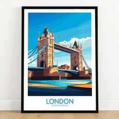 London Poster England in a black wooden frame leaning against a white wall on a light wooden floor