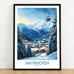 Mayrhofen Ski Poster in a black wooden frame leaning against a white wall on a light wooden floor