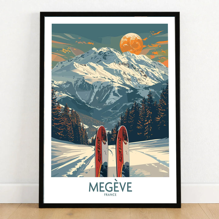 Megève Ski Print - France in a black wooden frame leaning against a white wall on a light wooden floor