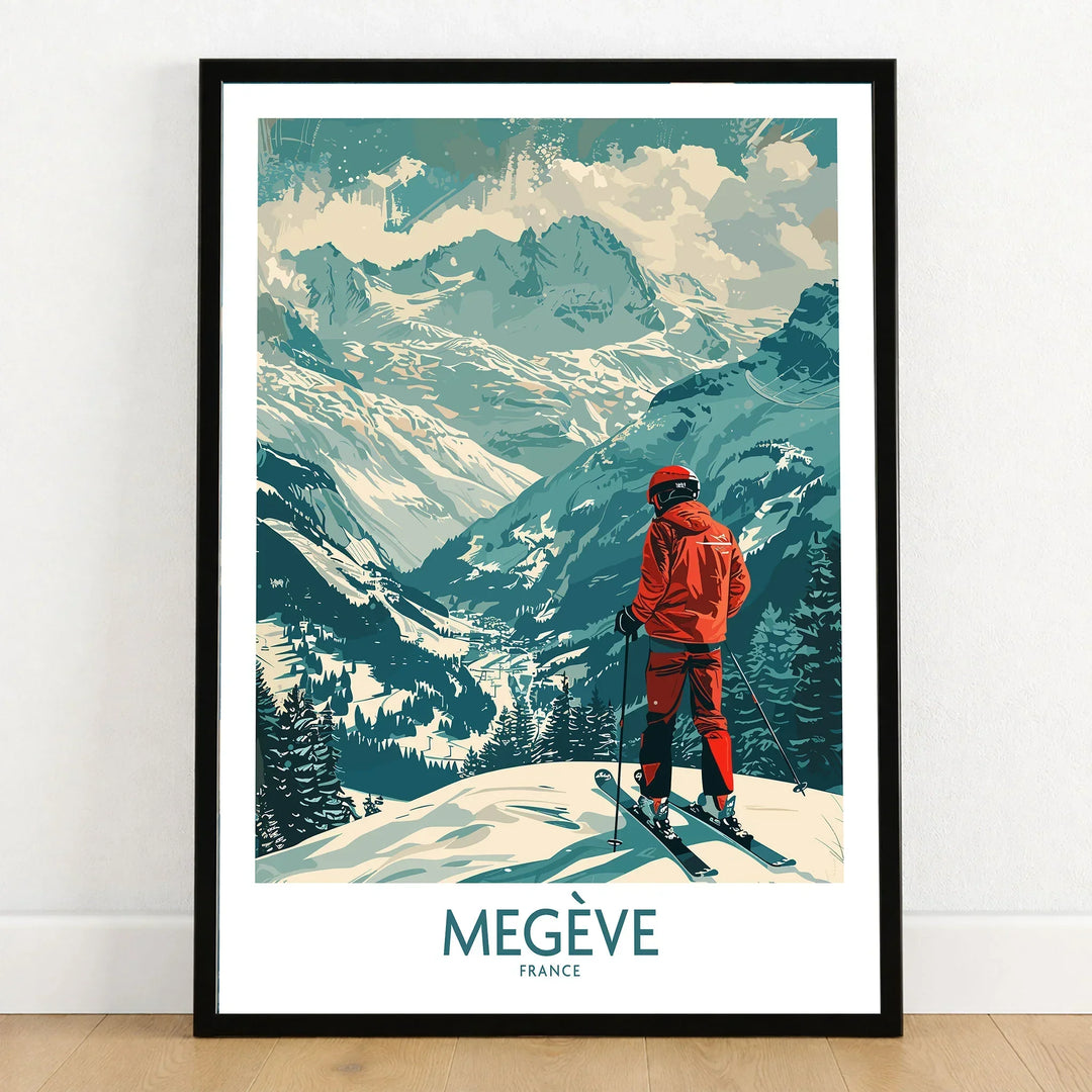 Megève Wall Art - France in a black wooden frame leaning against a white wall on a light wooden floor