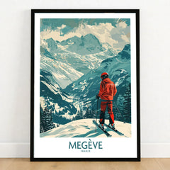 Megève Wall Art - France in a black wooden frame leaning against a white wall on a light wooden floor