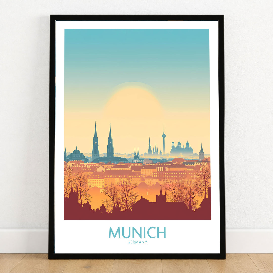 Munich Print Germany in a black wooden frame leaning against a white wall on a light wooden floor