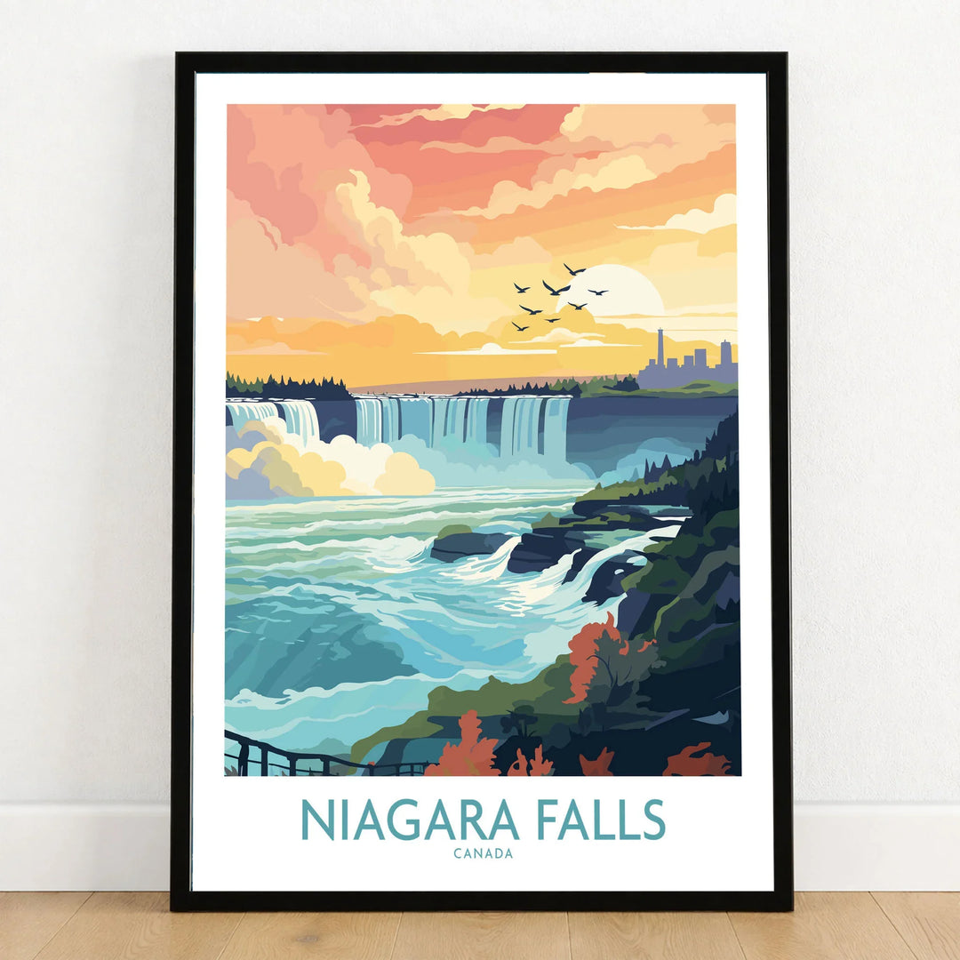Niagara Falls Poster in a black wooden frame leaning against a white wall on a light wooden floor