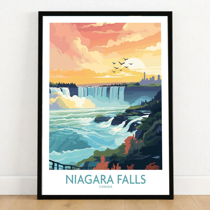 Niagara Falls Poster in a black wooden frame leaning against a white wall on a light wooden floor