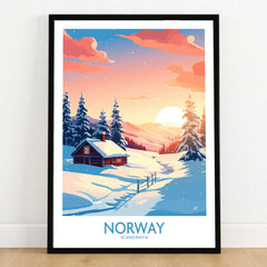 Norway Poster Print in a black wooden frame leaning against a white wall on a light wooden floor