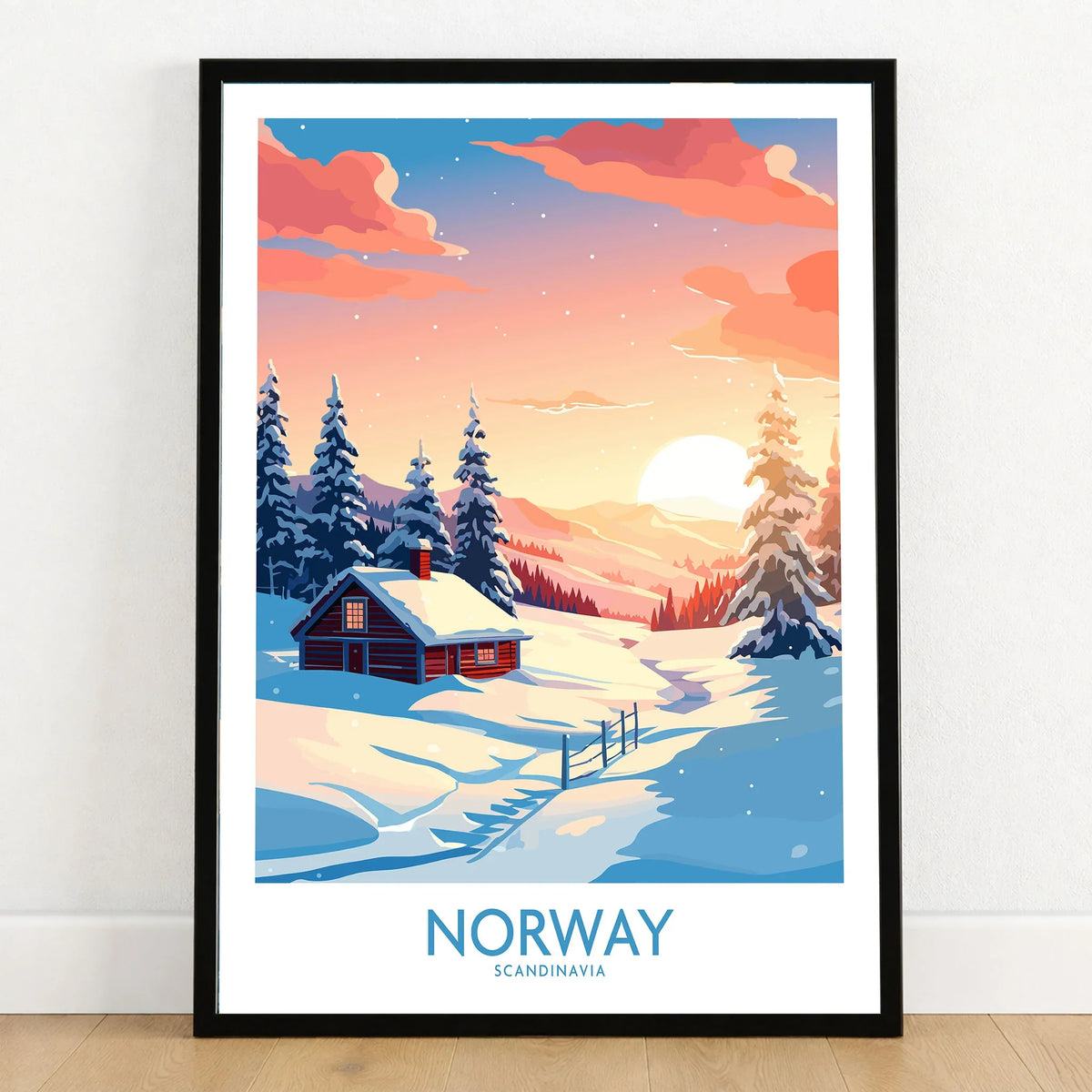 Norway Poster Print in a black wooden frame leaning against a white wall on a light wooden floor