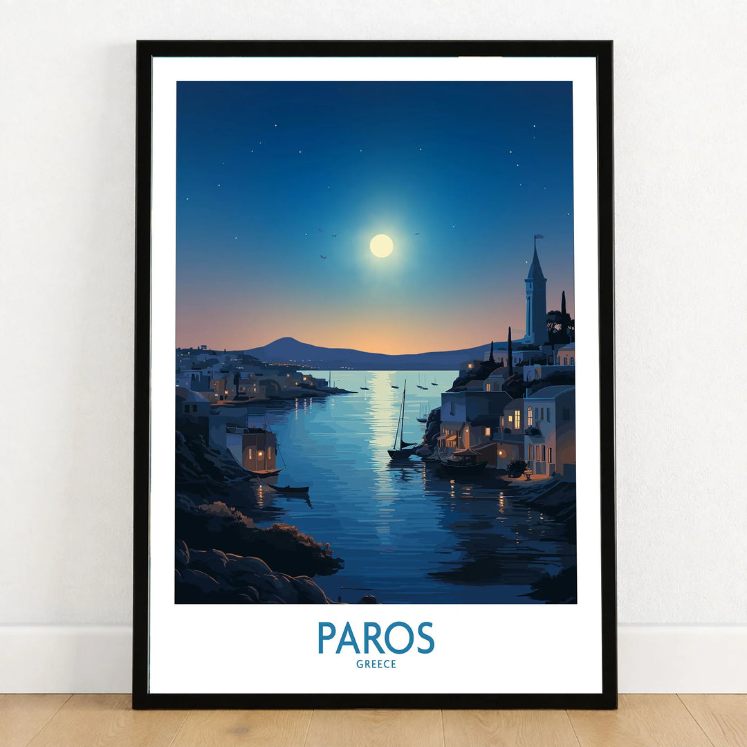 Paros Poster Greece in a black wooden frame leaning against a white wall on a light wooden floor
