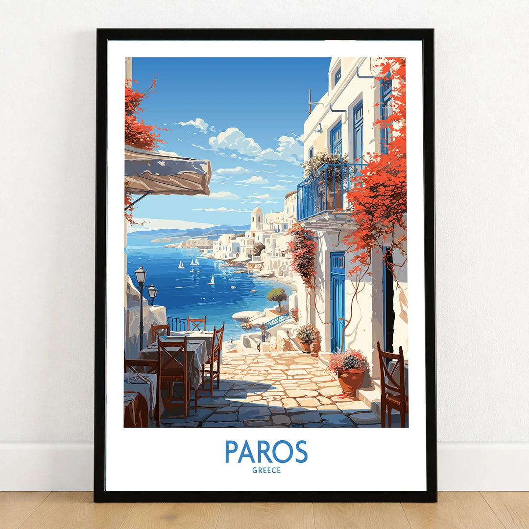 Paros Wall Art Greece in a black wooden frame leaning against a white wall on a light wooden floor