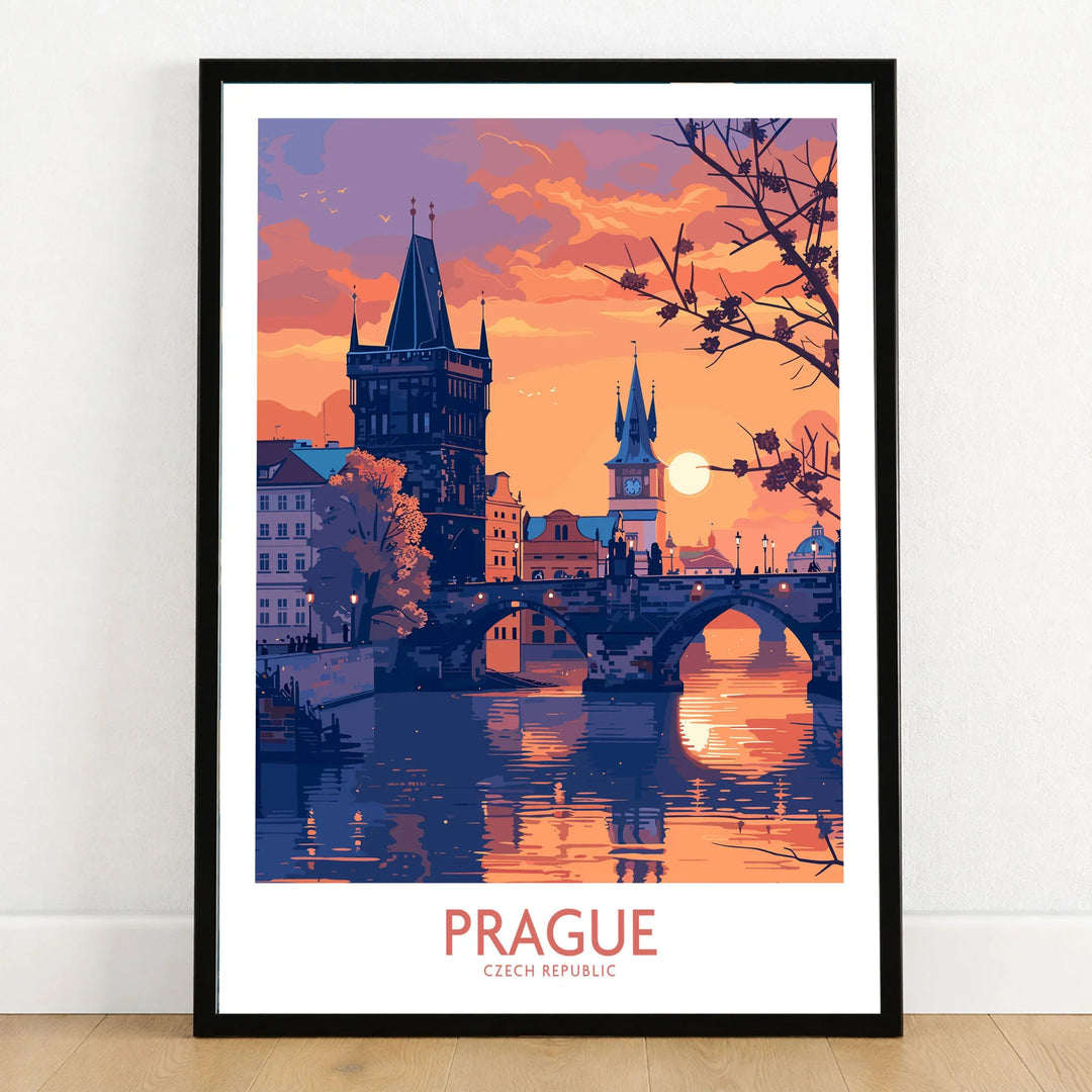 Prague Print in a black wooden frame leaning against a white wall on a light wooden floor