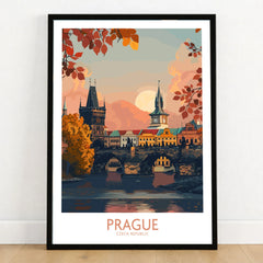Prague Travel Print in a black wooden frame leaning against a white wall on a light wooden floor