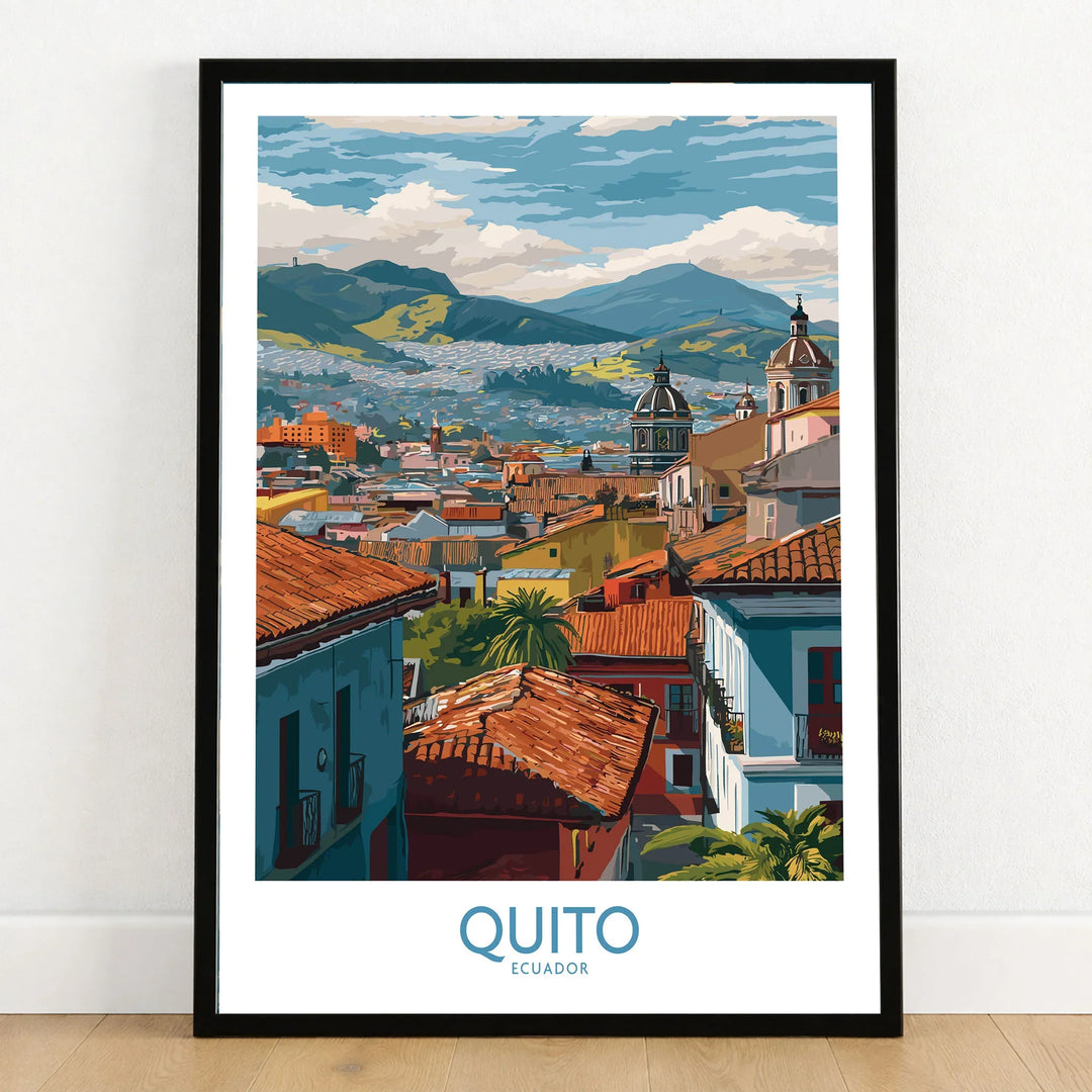 Ecuador Quito Rooftops Travel Poster City View Print Andes Landscape Wall Art South America in a black wooden frame leaning against a white wall on a light wooden floor