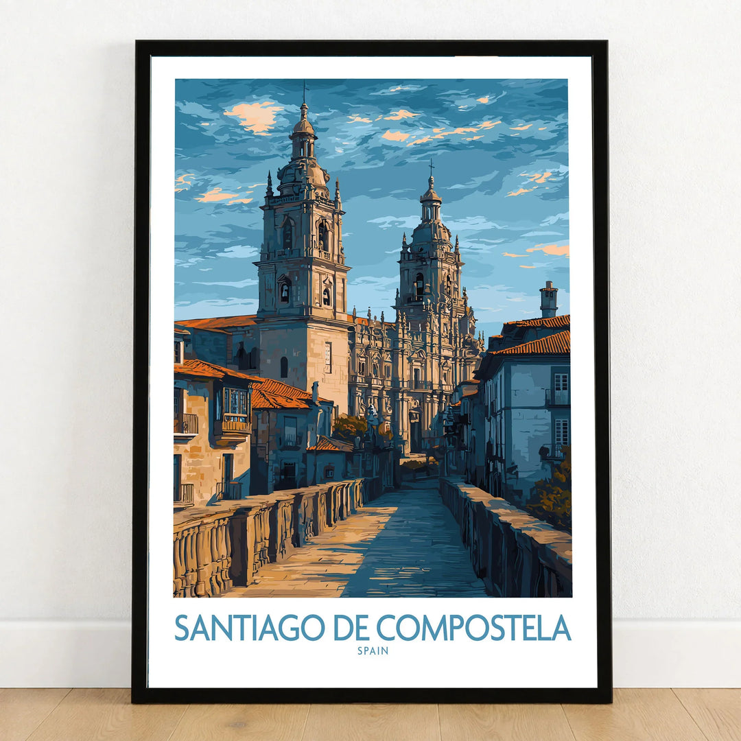 Santiago de Compostela Art Print | Galician Travel Poster in a black wooden frame leaning against a white wall on a light wooden floor
