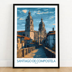 Santiago de Compostela Art Print | Galician Travel Poster in a black wooden frame leaning against a white wall on a light wooden floor