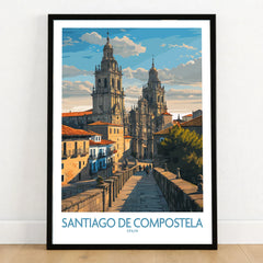 Santiago de Compostela Pilgrimage End Art Print | Cathedral Facade Poster in a black wooden frame leaning against a white wall on a light wooden floor