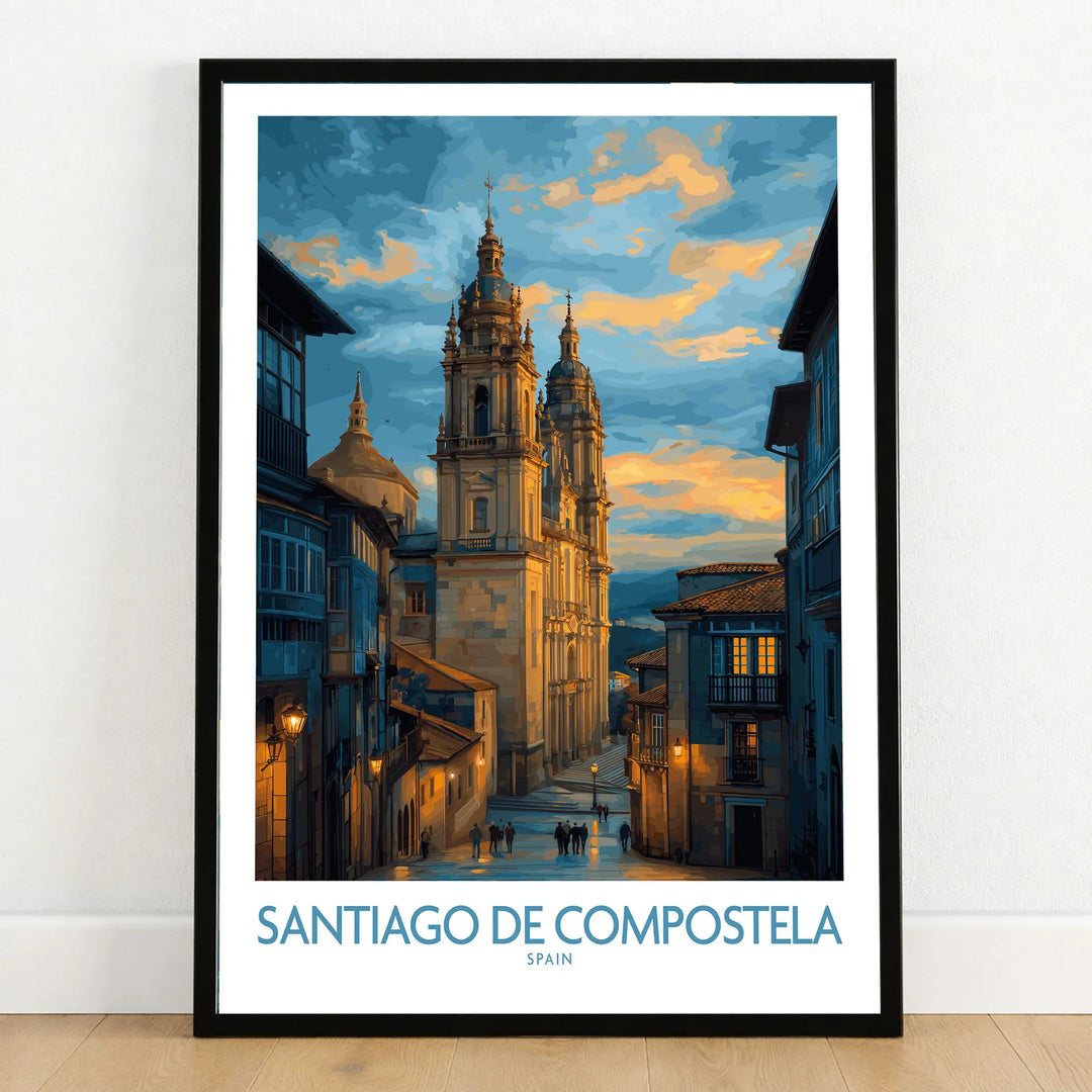 Santiago de Compostela Cathedral Art Print | Cityscape Poster in a black wooden frame leaning against a white wall on a light wooden floor