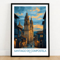 Santiago de Compostela Cathedral Art Print | Cityscape Poster in a black wooden frame leaning against a white wall on a light wooden floor