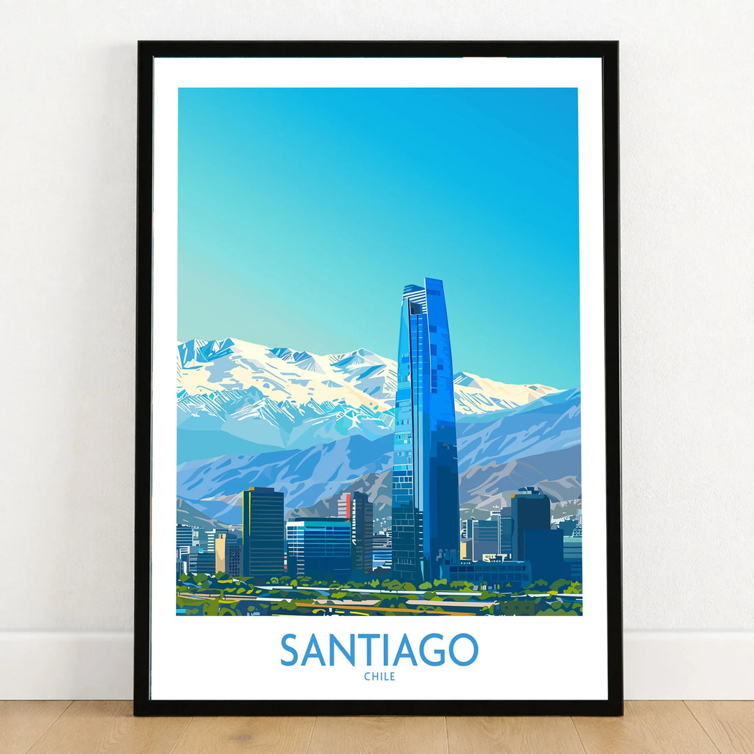 Santiago Wall Art Print - Chile in a black wooden frame leaning against a white wall on a light wooden floor