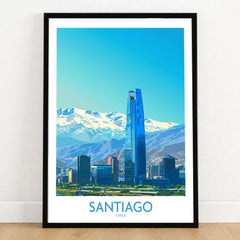 Santiago Wall Art Print - Chile in a black wooden frame leaning against a white wall on a light wooden floor
