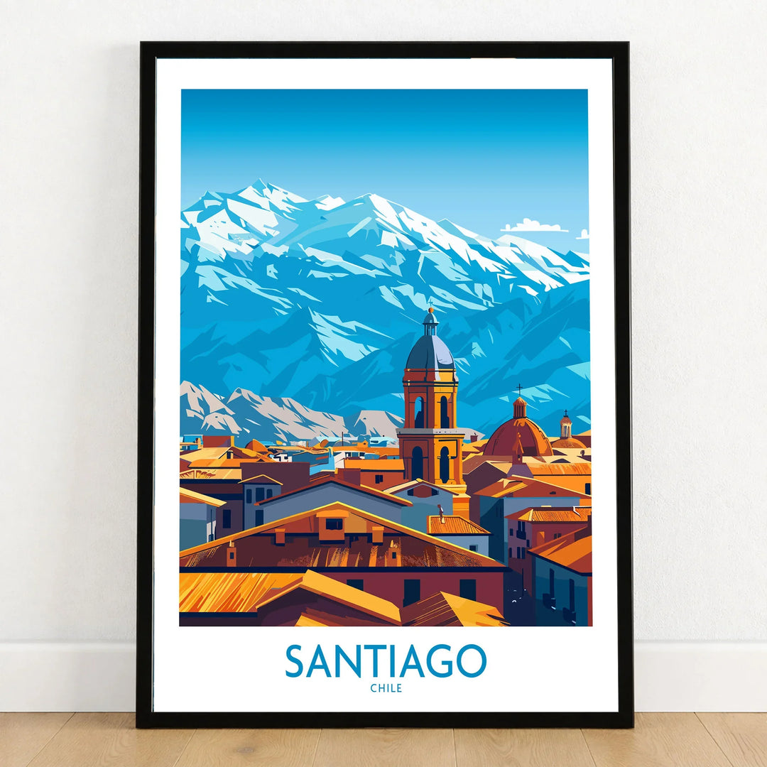 Santiago Wall Art Poster - Chile in a black wooden frame leaning against a white wall on a light wooden floor