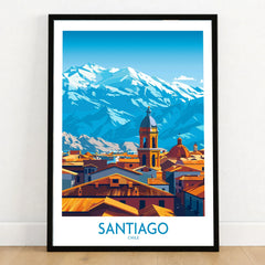 Santiago Wall Art Poster - Chile in a black wooden frame leaning against a white wall on a light wooden floor