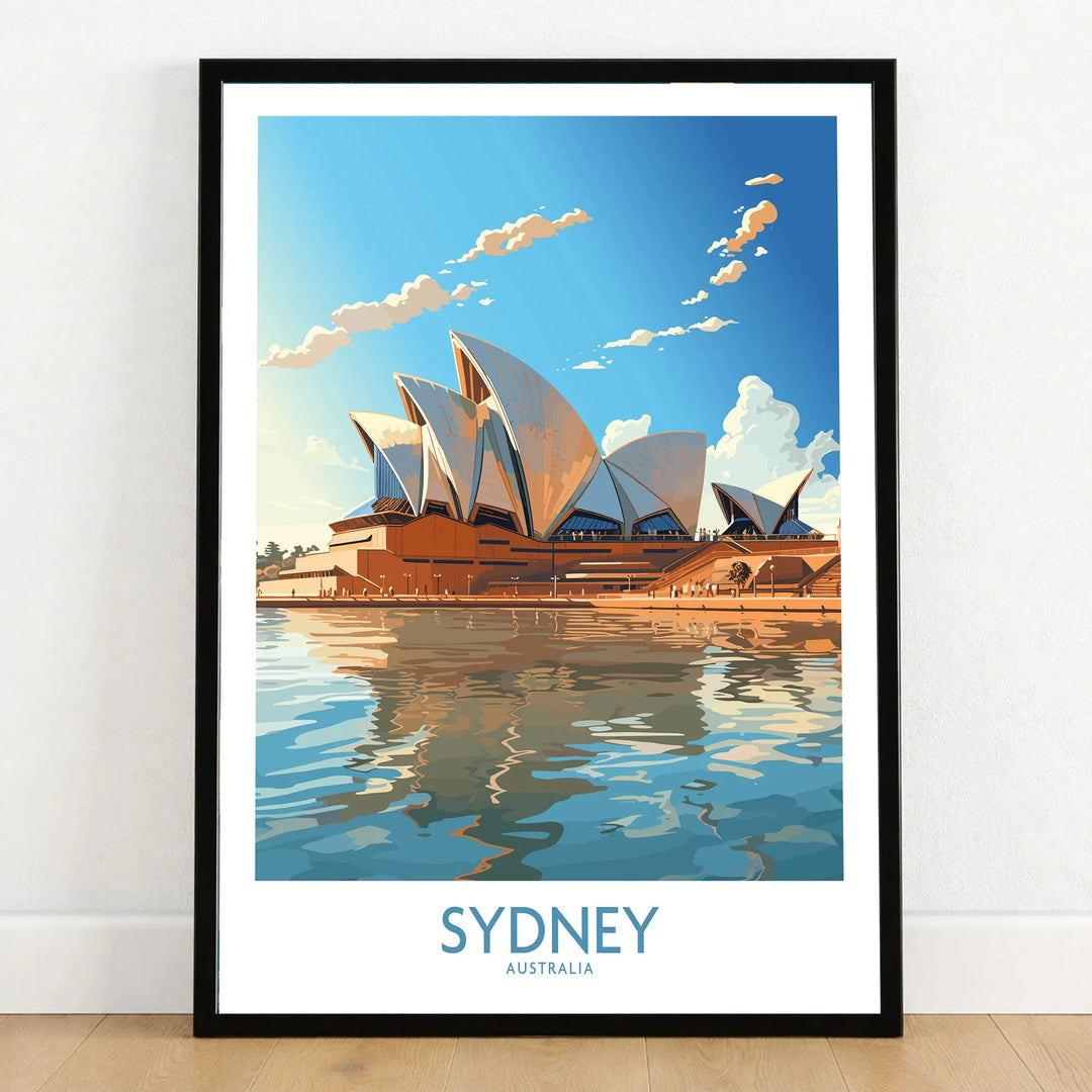 Sydney Print in a black wooden frame leaning against a white wall on a light wooden floor