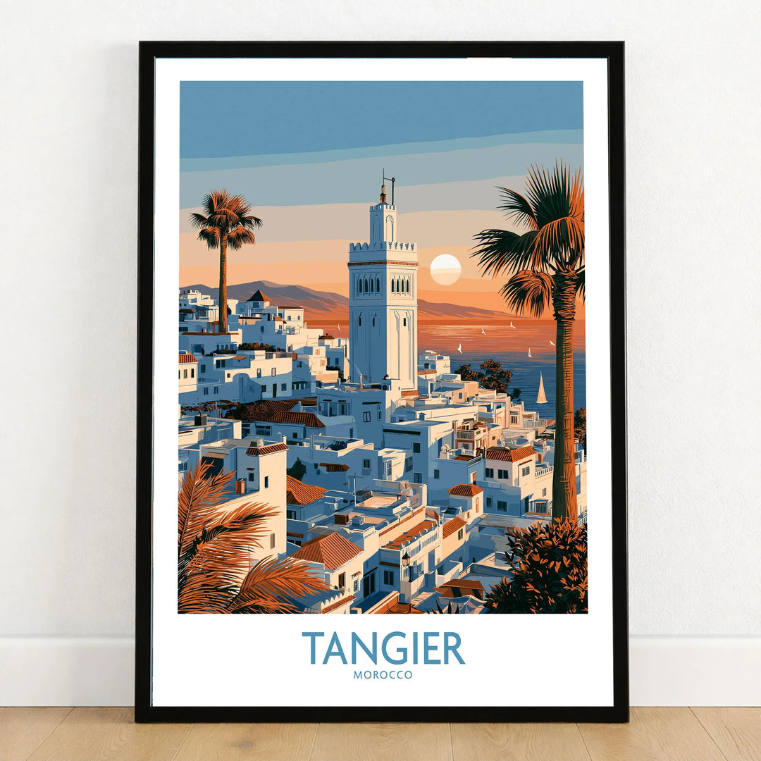 Tangier Morocco Sailboats and Rooftops Wall Art — Tangier medina rooftops and a minaret above a bay dotted with sails, shown as art print in black frame on wooden floor
