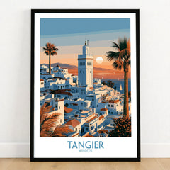 Tangier Morocco Sailboats and Rooftops Wall Art — Tangier medina rooftops and a minaret above a bay dotted with sails, shown as art print in black frame on wooden floor