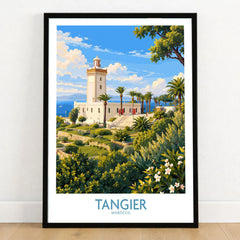 Tangier Morocco Lighthouse Gardens Wall Art — the Cap Spartel lighthouse above palm gardens and the blue strait, shown as art print in black frame on wooden floor