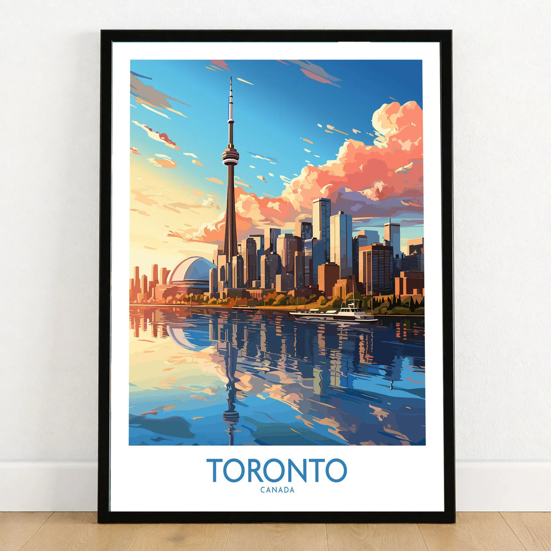 Toronto Wall Art Print in a black wooden frame leaning against a white wall on a light wooden floor